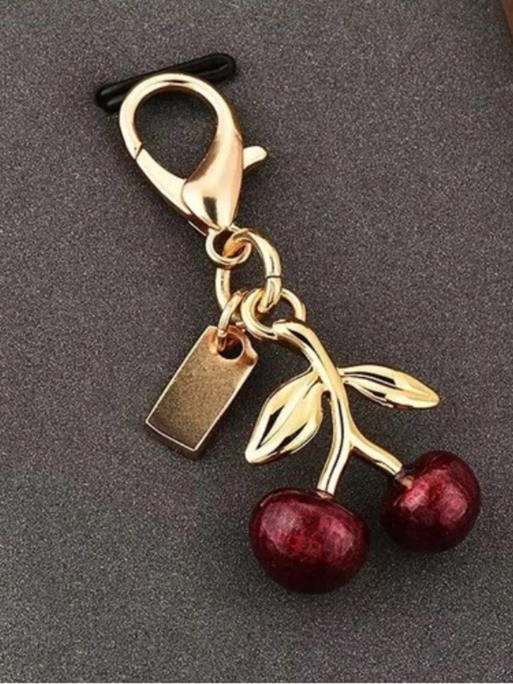 Gold-Toned Metal & Glitter Mini Cherry Charm with Leaf Detail NWT